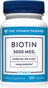 The Vitamin Shoppe Biotin 5,000MCG, Nutrient Metabolism Support for Healthy Vibrant Hair, Healthy Skin & Strong Nails, Energy Production (120 Capsules)