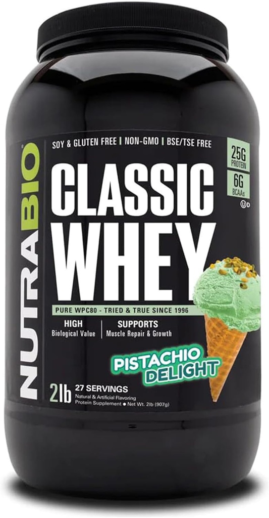 NutraBio Classic Whey Protein Powder- 25G Protein Per Scoop - Full-Spectrum Amino Acid Profile - No Fillers, Artificial Colors, Preservatives - (Pistachio Delight, 2 Pounds)