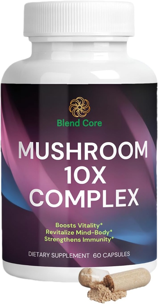 Mushroom 10X Complex - Lions Mane, Reishi, and Cordyceps - Supplement for Natural Energy & Stress Relief - Immune Boost - Focus & Memory - Natural & Non-GMO