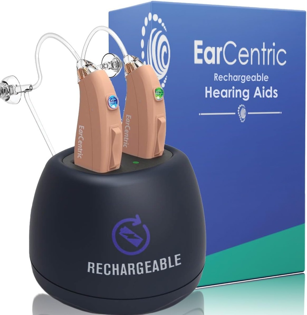 EarCentric EasyCharge 充電式補聴器 (ペア) シニア、BTE イヤーエイド PSAP デジタルパーソナルサウンド増幅器 ノイズキャンセレーション (ベージュ)