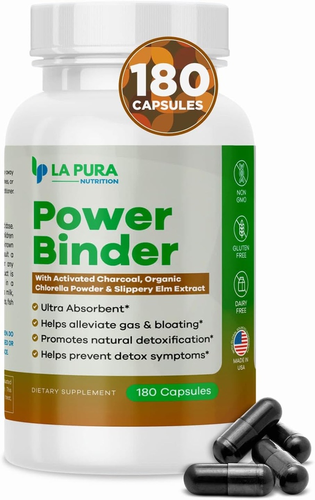 LaPura Power Binder Blend – Detox & Cleanse with Activated Charcoal, Organic Chlorella Powder & Slippery Elm Extract – Helps Alleviate Gas & Bloating – Promotes Natural Detoxification - 180 Capsules
