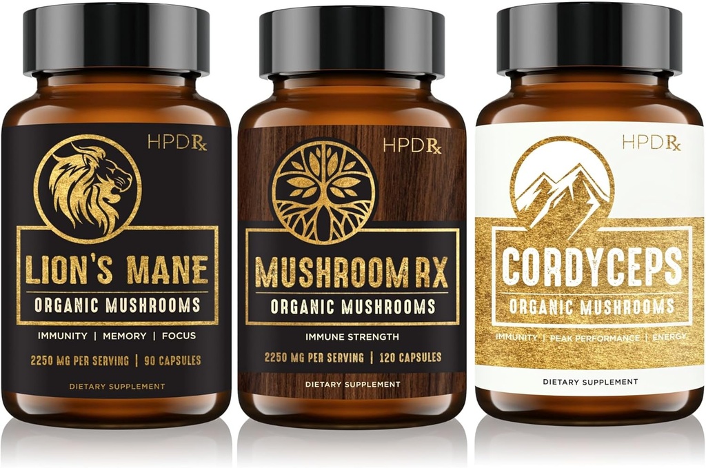 HPD Rx Organic Mushrooms Bundle | Mushroom Rx, Lions Mane & Cordyceps | for Immunity, Mind & Body Health