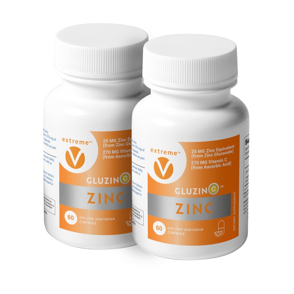 亜鉛MG25+VC デュアルパック | 毎日の亜鉛グルコン酸 + ビタミンC | 25mg + 270mg | クリーンフォーミュラ, 完全菜食主義者フレンドリー, (2 ボトル, 120 ベジタリアンカプセル)