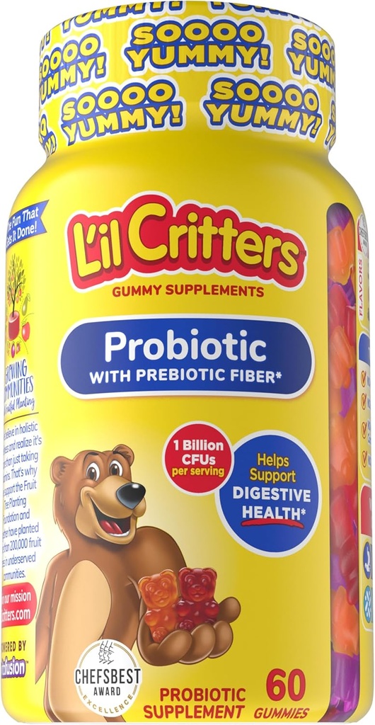 L’il Critters Probiotic Daily Gummy Supplement for Kids, 消化の健康サポート, ブドウ, チェリーとオレンジ色の味, 60 グミ