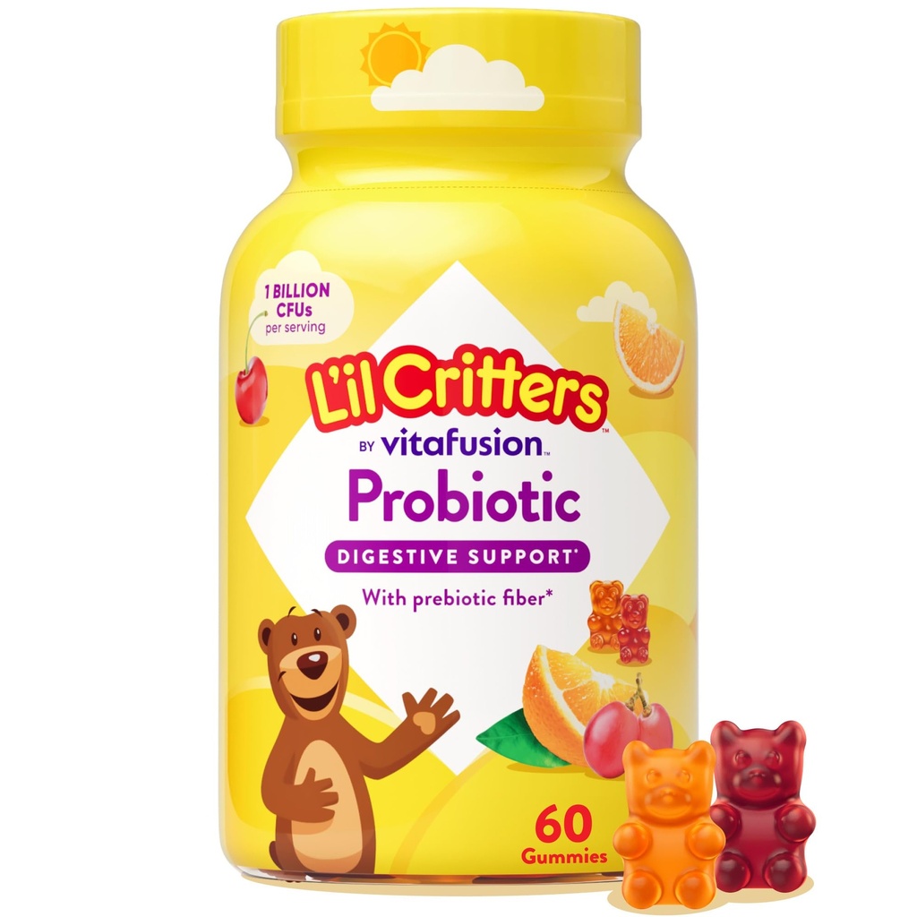 L’il Critters Probiotic Daily Gummy Supplement for Kids, 消化の健康サポート, ブドウ, チェリーとオレンジ色の味, 60 グミ