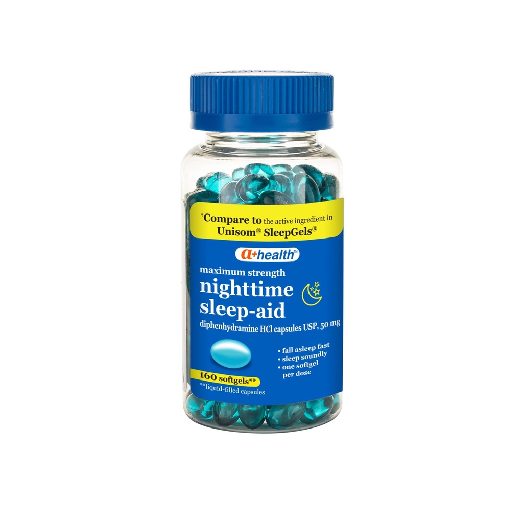 A+Healthの夜間睡眠の援助のDiphenhydramine 50mgのSoftgelsの最高の強さ、160の計算