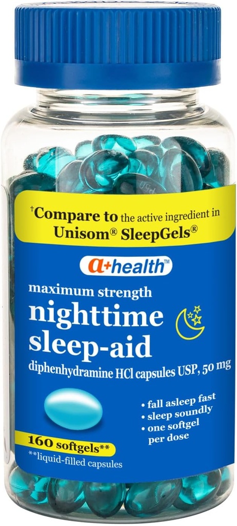 A+Healthの夜間睡眠の援助のDiphenhydramine 50mgのSoftgelsの最高の強さ、160の計算