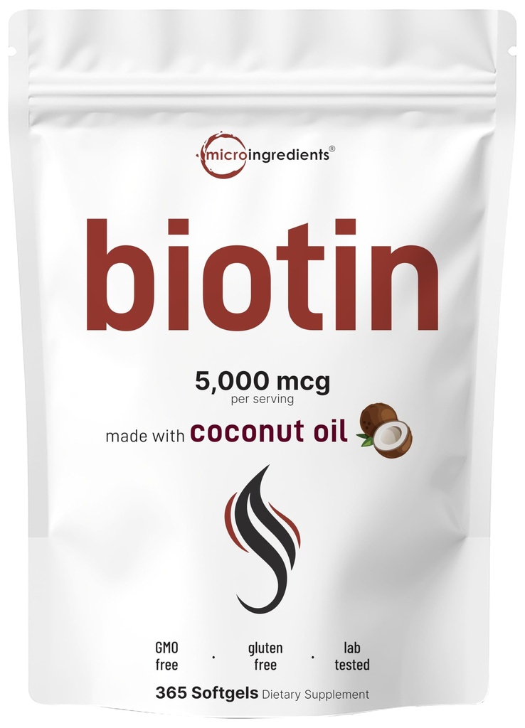 マイクロ成分 ビオチン 5,000mcg | 365 バージンココナッツオイル ソフトゲル、ファーストリリース、ワンイヤーサプライ | ヘルシーな髪、肌、爪をサポート | GMO なし
