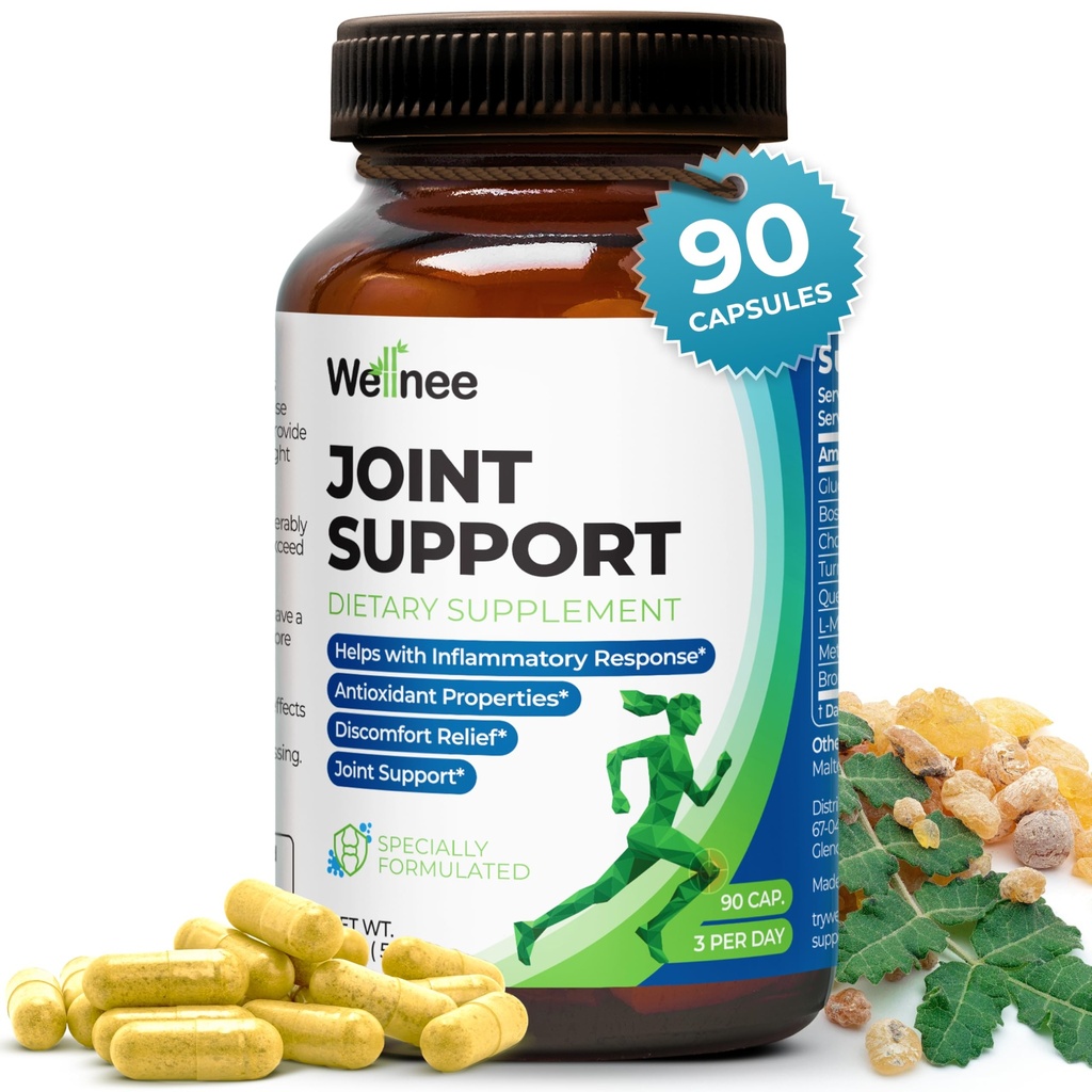 Wellnee Joint Support Supplement - Glucosamine Chondroitin MSM, Boswellia & Turmeric - Relieves Joint Discomfort & Supports Flexibility - Wellknee Joint Support - 90 Capsules, 30 Servings