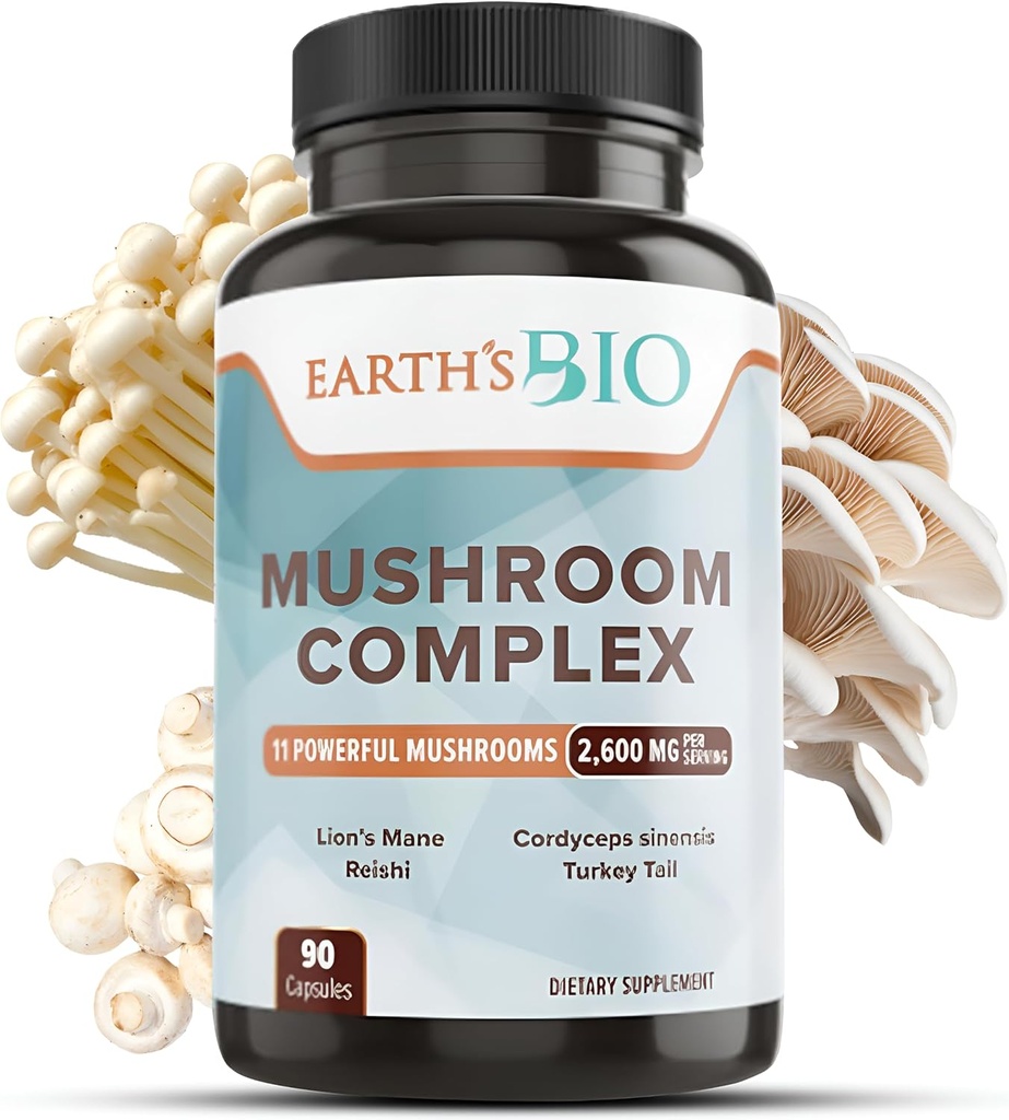 Earth's Bio Mushroom Supplement Complex 2,600 mg per Serving, 90 Caps, with Organic Lion's Mane Mushroom, Turkey Tail, Enoki Agaricus, White Button & Oyster Mushroom - Memory & Immune Support