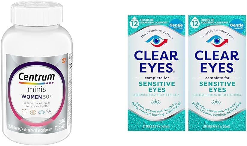 Centrum Minis Silver Women's Multivitamin for Women 50 Plus, Multimineral Supplement with Vitamin D3, B Vitamins, Non-GMO Ingredients, Supports Memory and Cognition in Older Adults - 280 Ct & Clear Eyes, Sensitive Eyes, Eye Drops, 0.5 Oz, 2 Pack