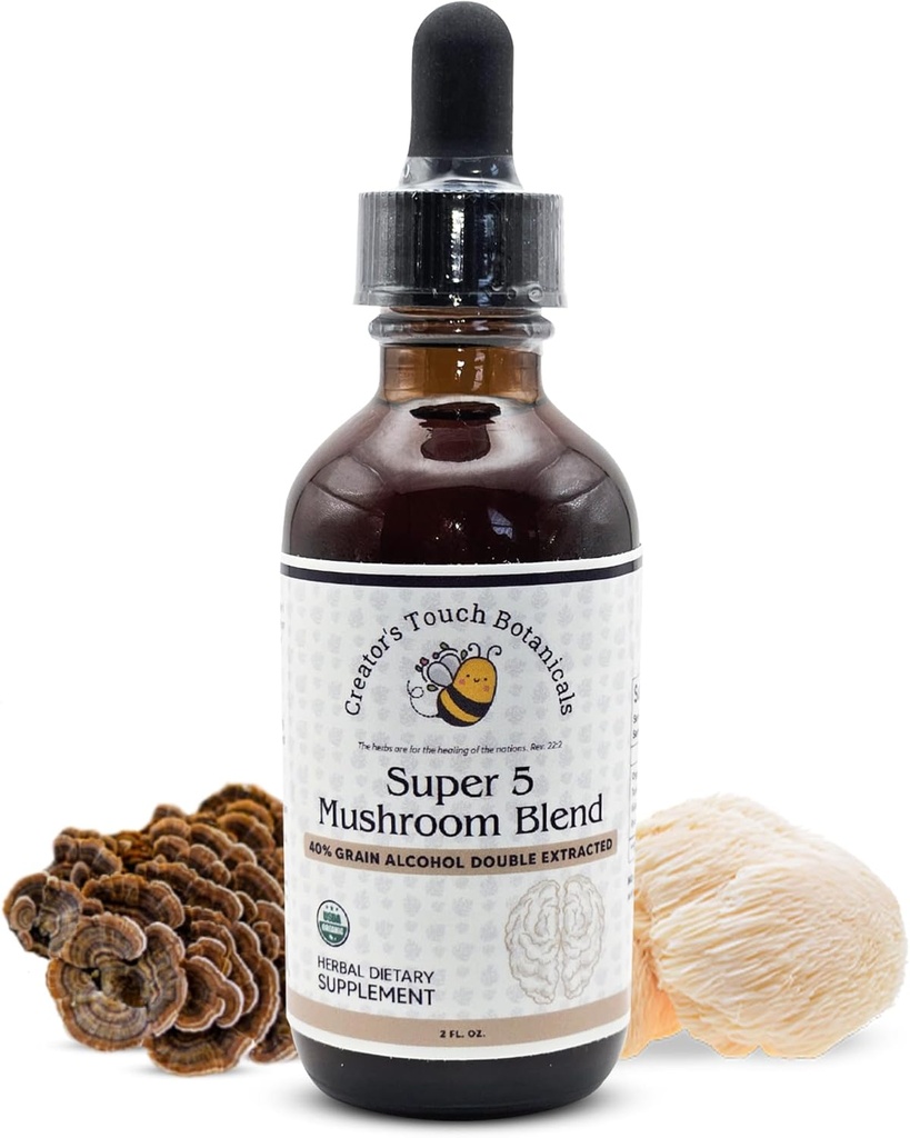 Creator's Touch Botanicals, Super 5, Mushroom, Blend 2 fl oz with Reishi, Turkey Tail, Lions Mane, Chaga and Maitake Mushrooms for Immune Support. Double Extracted, Macerated.