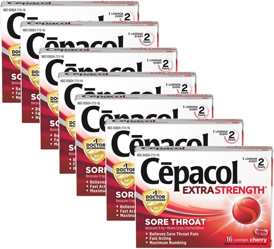 Cepacol 最大強度スロートドロップローゼンジ、チェリー、16カウント(7パック)