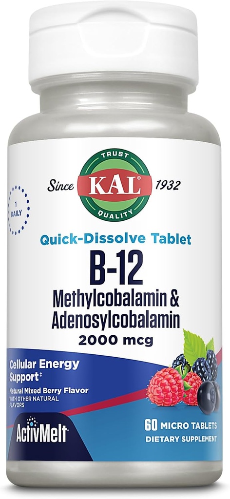KALのビタミンB12のMethylcobalaminおよびAdenosylcobalamin 2000のmcg ActivMelt、B12エネルギー補足、Metabolism、Nerveの赤血球サポート、高い吸収、自然なベリー、60のサーブ、60マイクロ タブレット