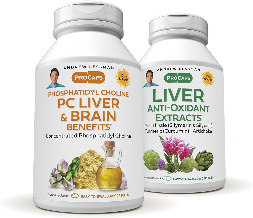 ANDREW LESSMAN PC Liver and Brain Benefits + Liver Anti-Oxidant Extracts Kit: 300 Capsules (180+120) - Phosphatidyl Choline, Milk Thistle, Artichoke, Curcumin.