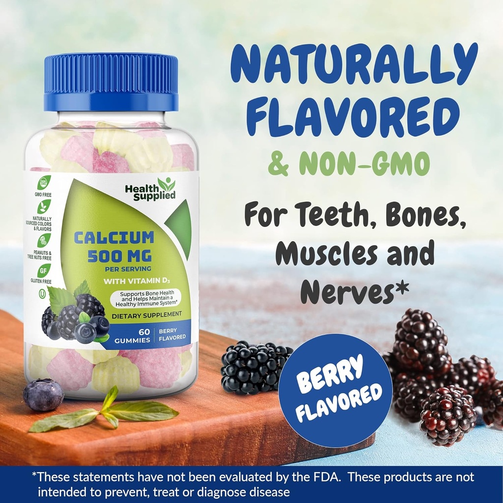 ビタミンD3 1000 IUのグミとカルシウム500mg | 毎日のサプリメント | 骨の強さ、成長、歯 | 大人、ティーン、子供向け | 自然な果実味のビタミンGummy