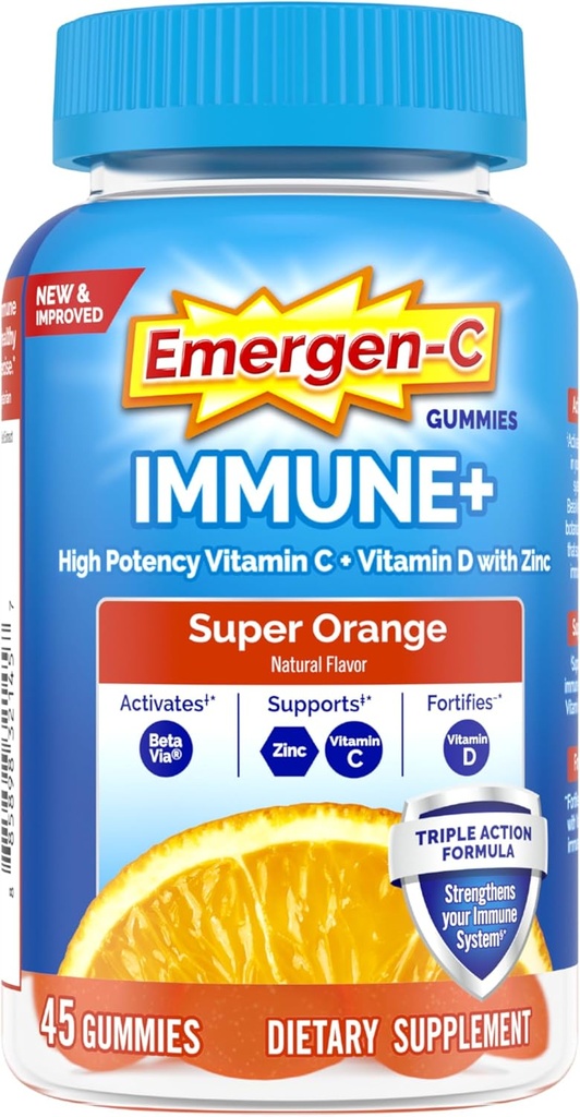 Emergen-C Immune+トリプルアクション免疫サポートグミ、BetaVia(R)、1000mgビタミンC、ビタミンB、ビタミンD、抗酸化剤、スーパーオレンジ - 45