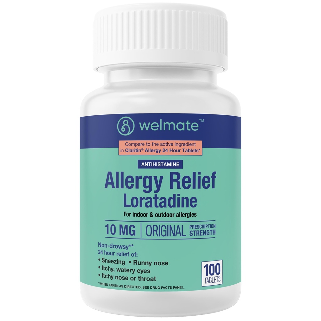 WELMATE - アレルギー救済 - Loratadine 10mg - 24時間救済抗ヒスタミン - 非眠気 - 鼻の鼻 - かゆみの鼻 - 喉の鼻と喉 - 水目 - 屋内&屋外アレルギー薬 - 100カウント