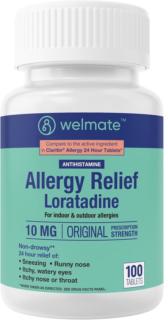 WELMATE - アレルギー救済 - Loratadine 10mg - 24時間救済抗ヒスタミン - 非眠気 - 鼻の鼻 - かゆみの鼻 - 喉の鼻と喉 - 水目 - 屋内&屋外アレルギー薬 - 100カウント