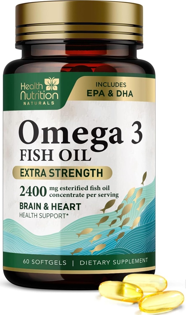 Omega 3 魚油 2400 mg - トリプル強度オメガ-3 サプリメント - 天然脳心の健康と免疫サポート - EPA と脂肪酸 - ワイルドキャッチ精製魚油サプリメント - 60 ソフトゲル