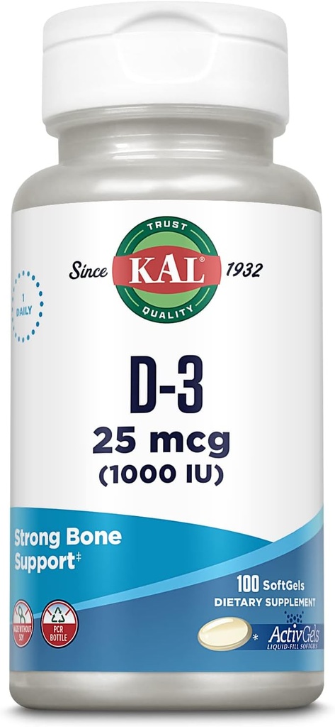 KALのビタミンD3 1000のIUのSoftgels (25のmcg)、ビタミンDの活動的な形態、カルシウム吸収、骨の健康、免疫サポート補足、液体は大豆なしで、100のサービング、100のSoftgels満たされたActivGelを満たしました