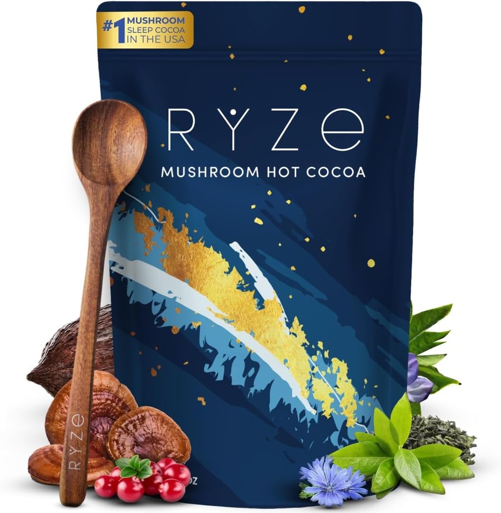 RYZE SUPERFOODSのきのこの熱いココア・メラトニンの睡眠の補足、Reishiのきのこの、Melatonin、Glycine、Cacao、L-TheanineとのKeto Cocoaの粉、眠り、20のサービングをとどまるのを助けるChicory