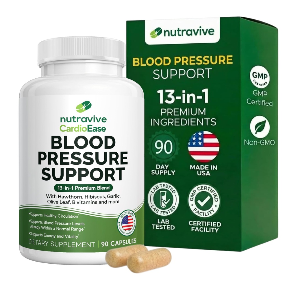Nutravive血圧サポートサプリメント - ホーソーン、ニンニク、オリーブリーフ、ハイビスカス&B12 - 米国製、GMP施設 - 90カプセル