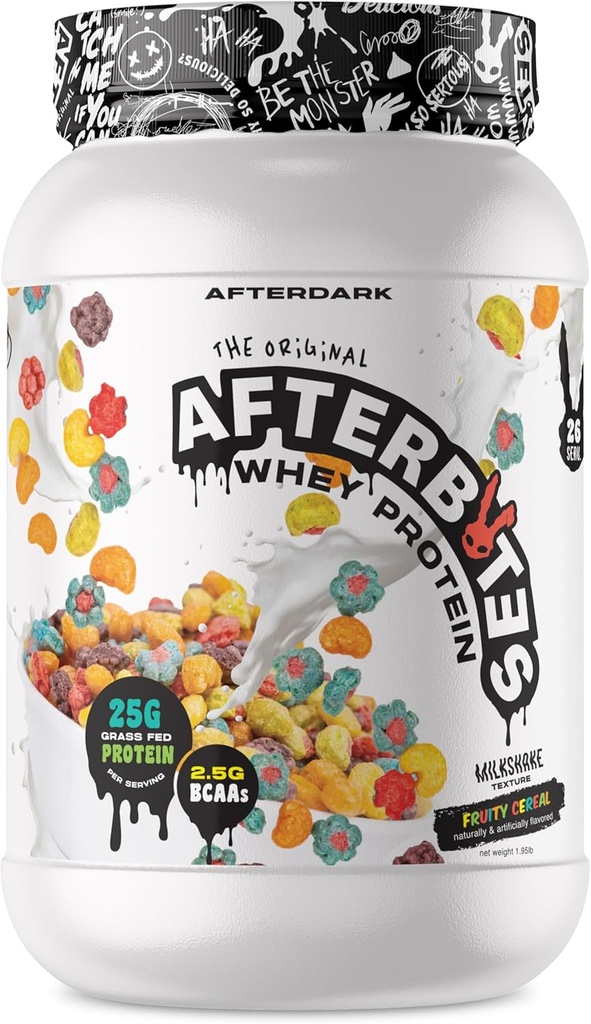 AFTERDARK AfterBites Whey Protein Powder, 25g Protein, 4.5g BCAA’s, Easy Dissolving, No Artificial Colors or Fillers, Isolate Protein, USA Made, 26 Servings, Fruity Cereal