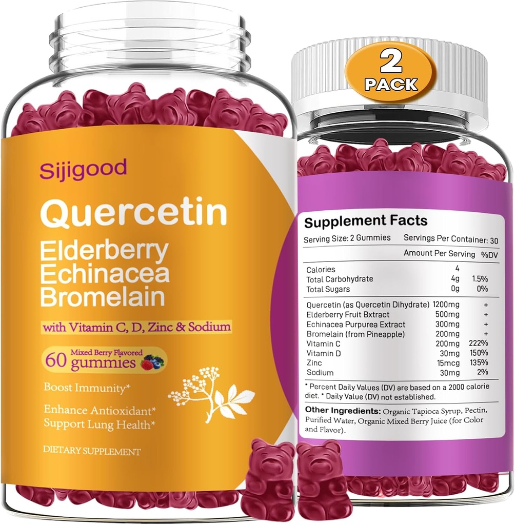 2 パック Quercetin と Bromelain Gummies、Elderberry、Echinacea、ビタミン C D 亜鉛 - Immune System Support 120 カウント 純粋なケルセチンは子供と大人のためのガミーを補います