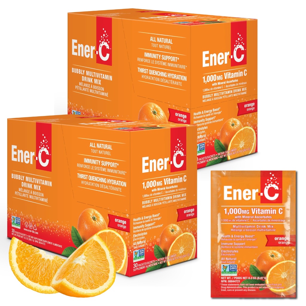 Ener-C - ビタミンC免疫サポート、1000mgビタミンC発泡マルチビタミンドリンクパウダー、フルーツジュースビタミンCドリンクミックス、電解液、オレンジ、60パケット(2パック)