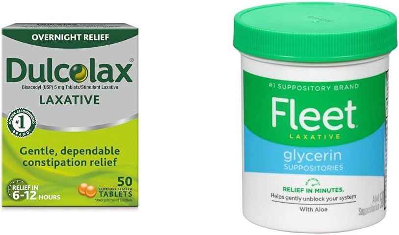 Dulcolax 深夜リリーフ 遺伝的便秘救済、Bisacodyl 5 mg錠、50 カウント & Fleet アダルト便秘のための鎮痛剤 Glycerin 坐剤、成人乳剤ジャー Aloe Vera、50 Ct