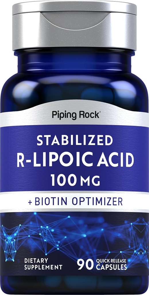 パイピングロック安定R-リポ酸100mg | 90カプセル | ビオチンオプティマイザ付き | 非GMO、グルテンフリーサプリメント