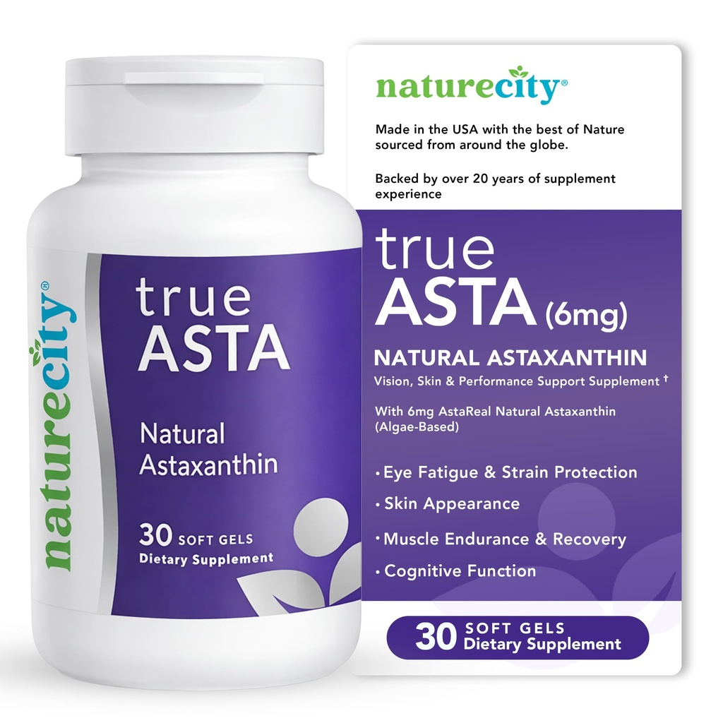 NatureCity TrueAsta 6mgアスタキサンチンサプリメント アスタリア | サポートアイ、スキン、ジョイント、筋肉、脳と血流 | 藻類ベースの抗酸化サプリメント | 非GMO、グルテンフリー | 30ソフトジェル