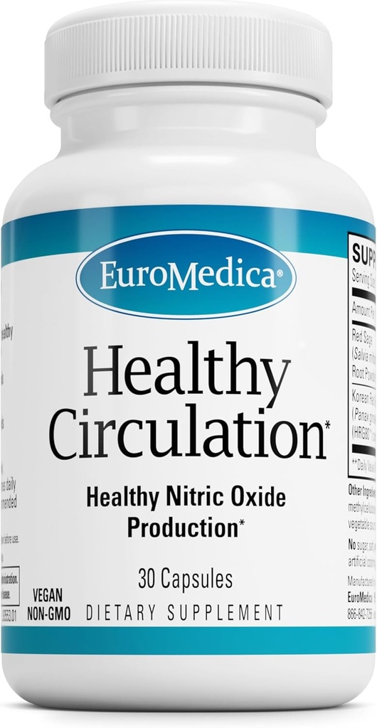EuroMedica Healthy Circulation - Dietary Supplement for Healthy Circulation Support - Healthy Blood Flow & Heart Function Aid - Non-GMO & Vegan Capsules - 30 Capsules (30 Servings)