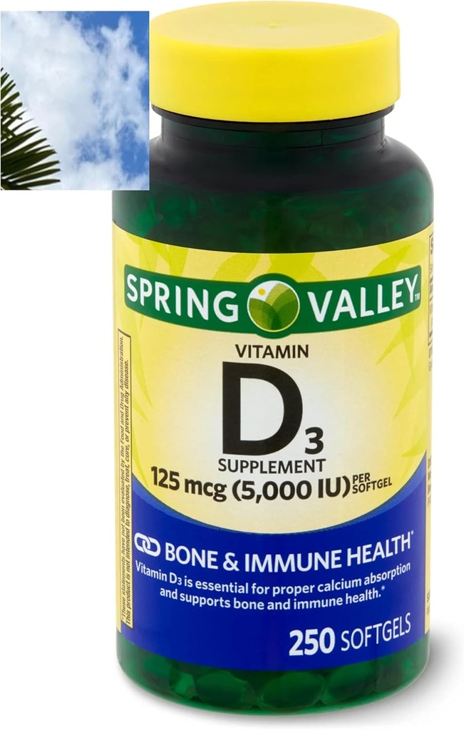 スプリング・バレーのビタミンD3のSoftgels、Softgelごとの125のmcg、5,000 IU、250の計算