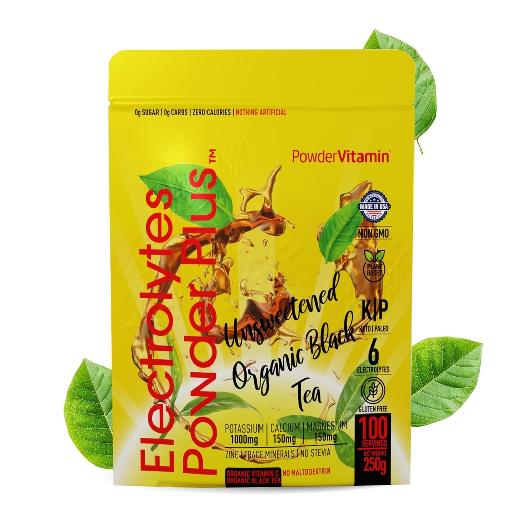 PowderVitamin の電解物の粉のプラス (100 のサービング) Unsweetened の黒い茶電解物の粉の Keto、SugarFree、ピンク Himalayan の塩、1000mgPotassium、150mgCalcium、150mgMagnesium、Hydration の粉無し STEVIA