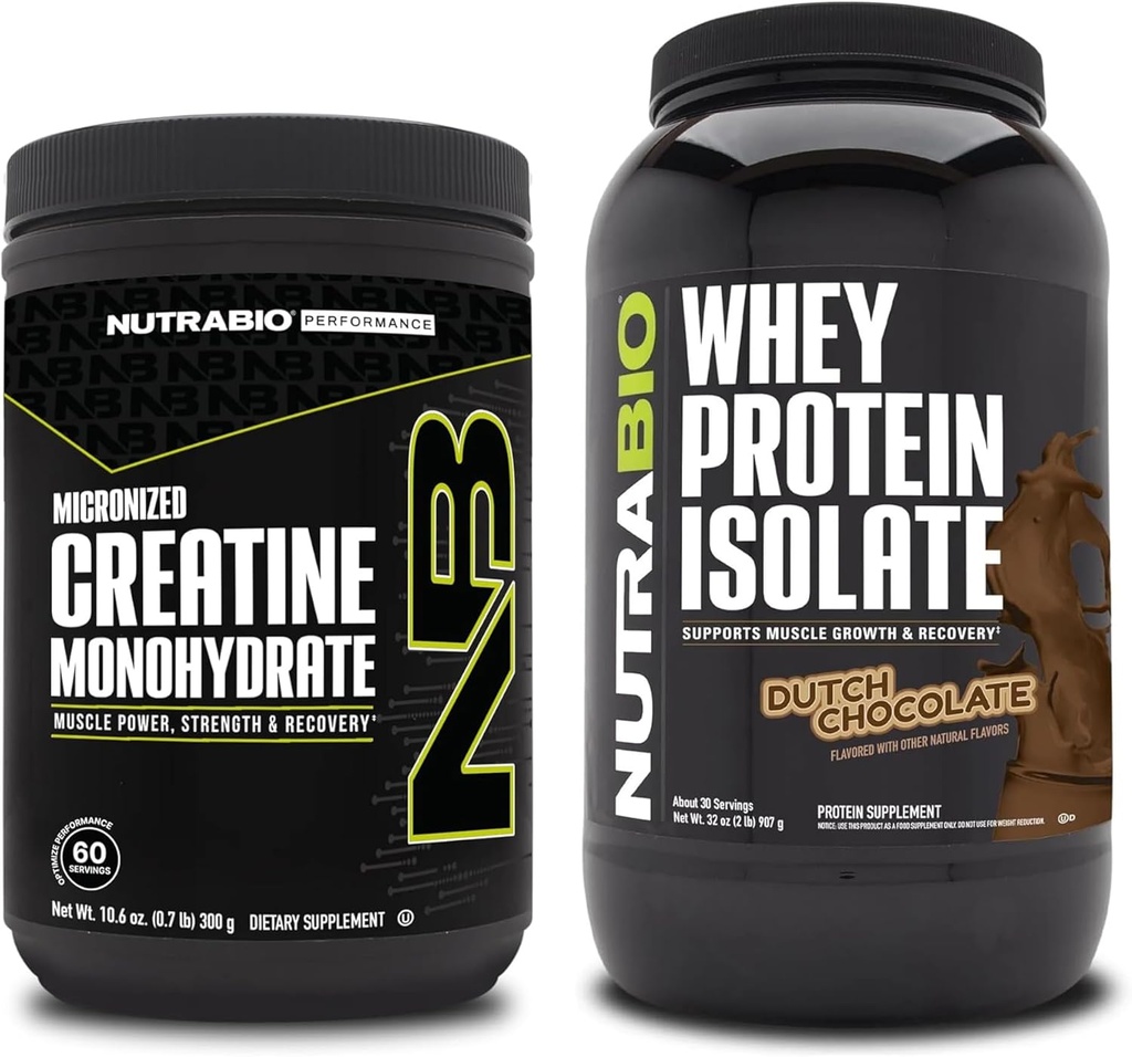 NutraBioクレアチンモノハイドレート、非風味、300gとウィープロテインアイソレート、オランダチョコレート、サプリメントバンドル - 筋肉エネルギー、リーン筋肉の成長、回復、および強度