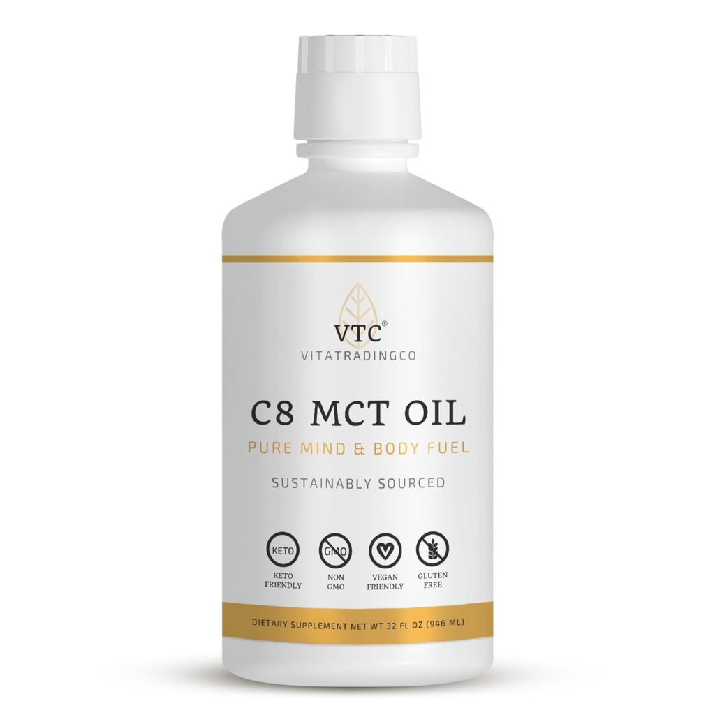 VTC VitaTradingCo. 100% 純粋なC8 MCTオイル | 3X蒸留塩酸 | クリーンエネルギーの健康的な脂肪 | 持続可能供給 | 非GMO、ペレオ、ケト | 32oz、64 サービング(非吸収)