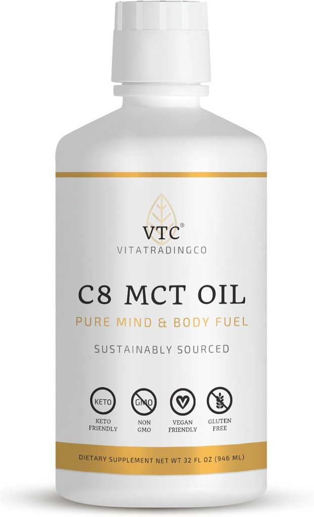 VTC VitaTradingCo. 100% 純粋なC8 MCTオイル | 3X蒸留塩酸 | クリーンエネルギーの健康的な脂肪 | 持続可能供給 | 非GMO、ペレオ、ケト | 32oz、64 サービング(非吸収)