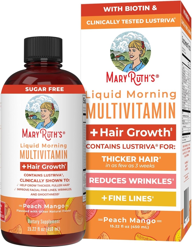 MaryRuth Organics Liquid Multivitamin+Hair Growth | Biotin 10000mcg | Lustriva Hair Growth Supplement | Clinically Tested in Women for Thicker Hair&Facial Wrinkle | Skin Care | Ages 18+ | 15.22 Fl Oz