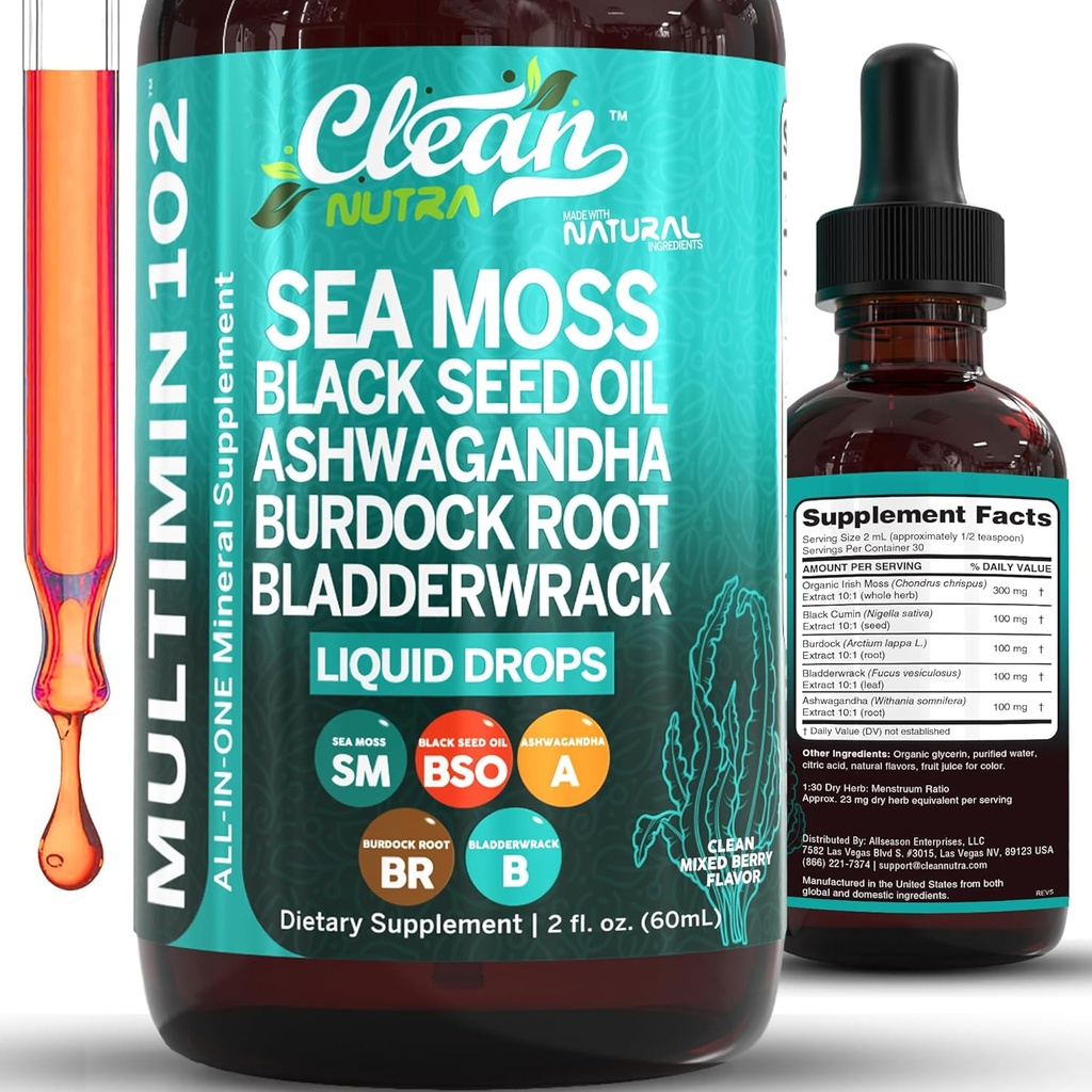 Clean Nutra Organic Sea Moss Drops Supplement | Black Seed Oil Irish Seamoss Ashwagandha Burdock Root & Bladderwrack - Multimineral Liquid Vegan for Gut Heath Energy Skin Immune Support & Hair