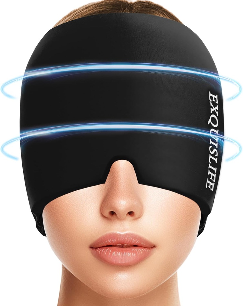 EXQUISLIFEの片頭痛のアイス ヘッドの覆い、頭痛の軽減の帽子のための帽子、熱く、冷たい療法、頭痛の目のマスクのためのSinus、パフィーの目、張力および圧力救助(黒)