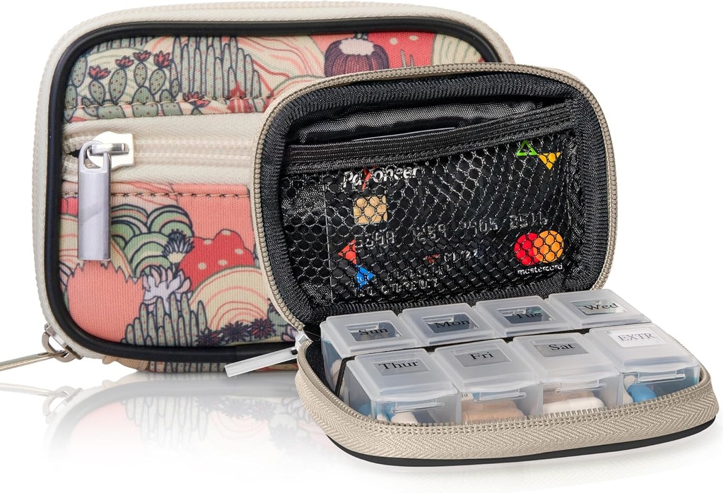 簡単なキットピルケース - 取り外し可能なセブンデービタミン&サプリメントボックス付き週刊薬オーガナイザー - 旅行財布アクセサリーのためのプレミアムネオプレン(デザートカーキ)