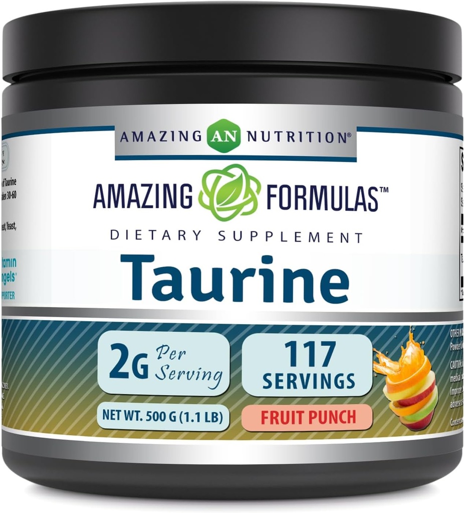 Amazing Formulas Taurine 500 Grams (1.1 Lb) Powder Supplement | 2000 mg Per Serving | 111 Servings | Non-GMO | Gluten Free | Made in USA (Fruit Punch)