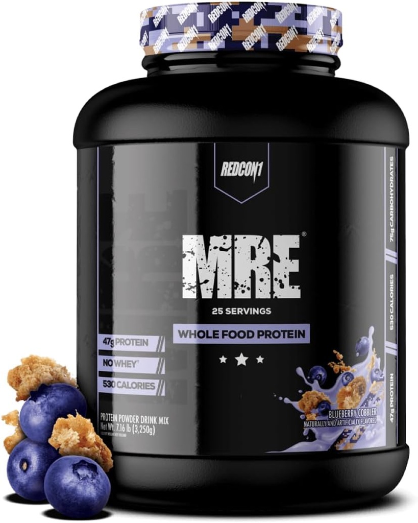 REDCON1 MRE Protein Powder, Blueberry Cobbler - Meal Replacement Protein Blend Made with MCT Oil & Whole Foods - Protein with Natural Ingredients to Aid in Muscle Recovery (25 Servings)