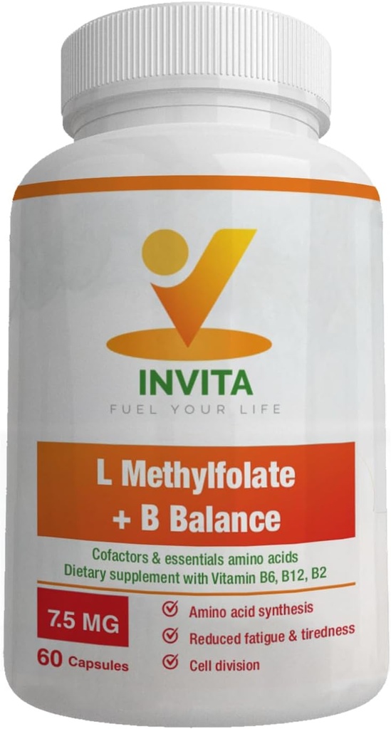 INVITA L-Methylfolate + B バランス - 5-MTHF、B6、B2&B12 Methylcobalamin B 複合体 - 60 カプセル - プロフェッショナル 強度 アクティブ メチル Folate - 非GMO、グルテンフリー、充填剤(7.5 mg)