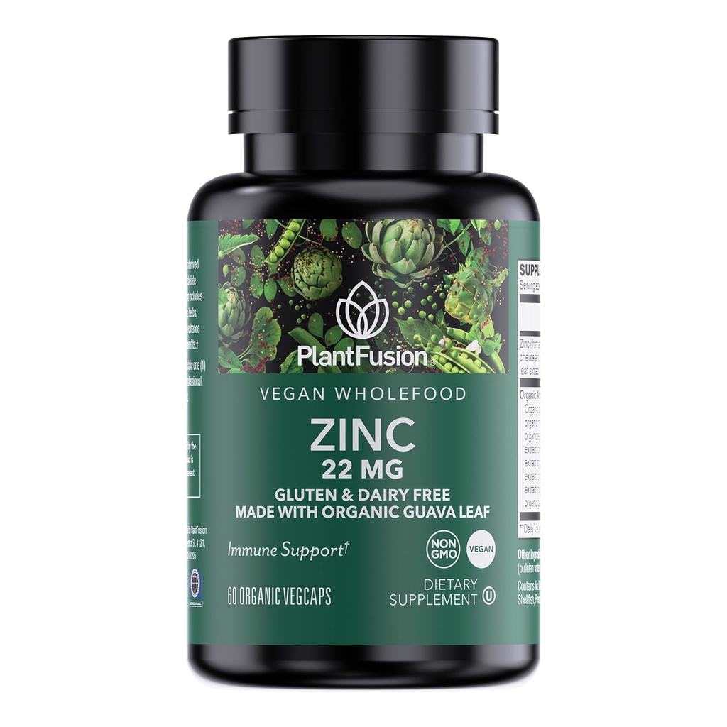 PlantFusion ビーガン亜鉛サプリメント 22 mg – 食品複合体, 免疫サポートのための有機グアバリーフからキレート亜鉛をキレート, 60 カプセル
