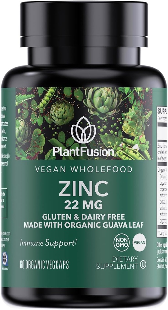 PlantFusion Vegan Zinc Supplements 22 mg – Wholefood Complex, Chelated Zinc Citrate from Organic Guava Leaf for Immune Support, 60 Capsules