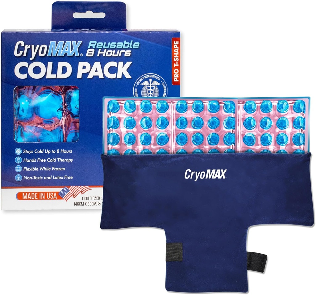 CryoMAX再使用可能なコールドパック - 8時間の長持ちするコールドセラピーアイスパック、調節可能なウェアラブルコンプレスストラップ、痛みの軽減、怪我、ヒップ手術の腫れ、および片頭痛に最適な - T字型(1カウント)