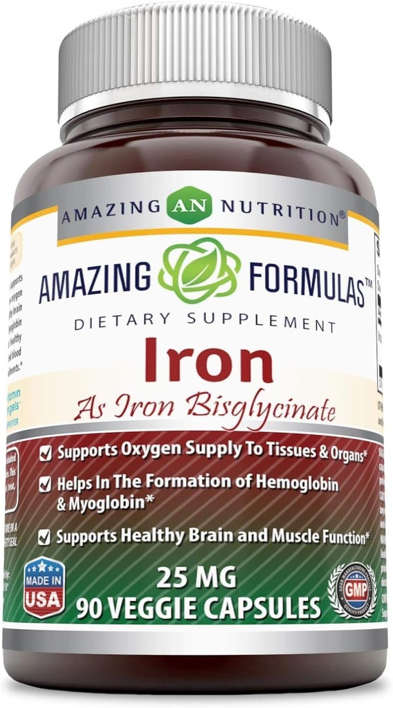 アメイジングフォーミュラアイアンビスグリシネート25 Mgベジギーカプセル(非GMO、グルテンフリー) - Hemoglobin&Myoglobin.(90 Veggie Capsule)の形成におけるチズス&Organs-Helpsへの酸素供給をサポート